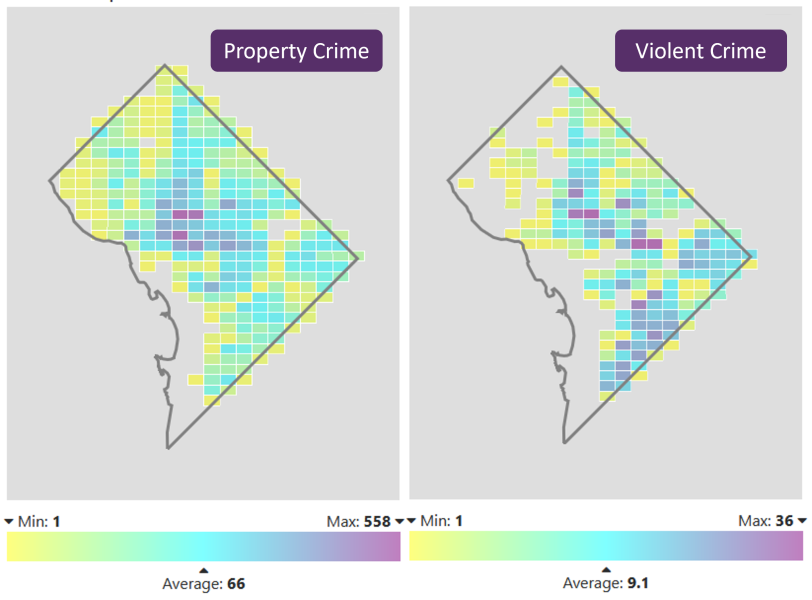 MPD Crime card maps of property and violent crime across Washington, DC