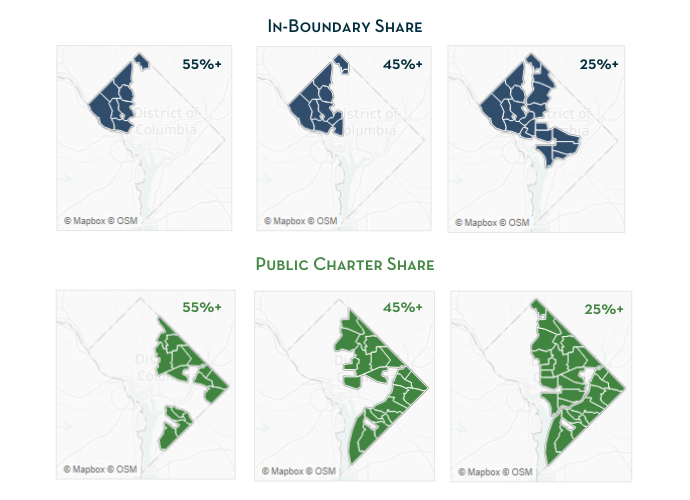 Sector share across neighborhoods showing high in boundary shares in the west and high public charter shares in the east.